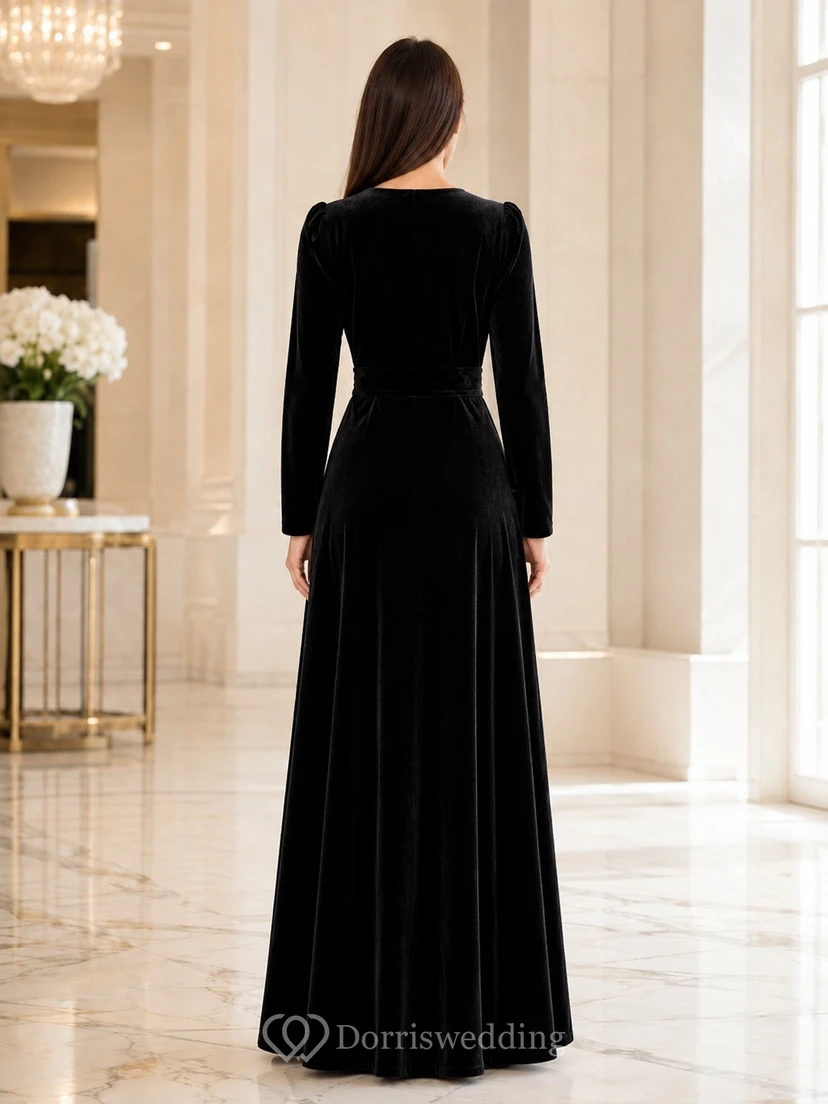 Black V Neck Long Sleeve Velvet Maxi Sheath Dress view 2