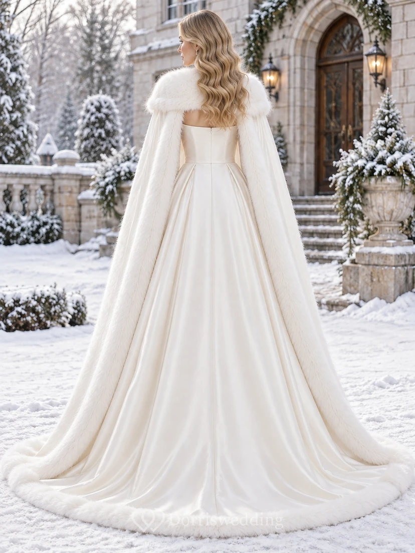 Vestido de novia de corte A con cuello cuadrado, manga larga, ribete de felpa y satén. view 2