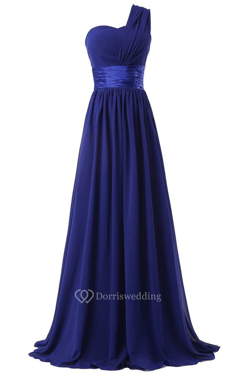 One-shoulder Long Pleated Chiffon Dress With Satin Sash
