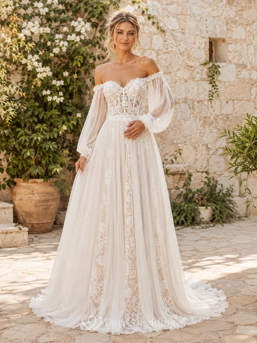 Schulterfreies, langärmeliges Brautkleid im A-Linien-Schnitt mit Kathedralenschleppe und Spitze im Boho-Stil, bodenlang