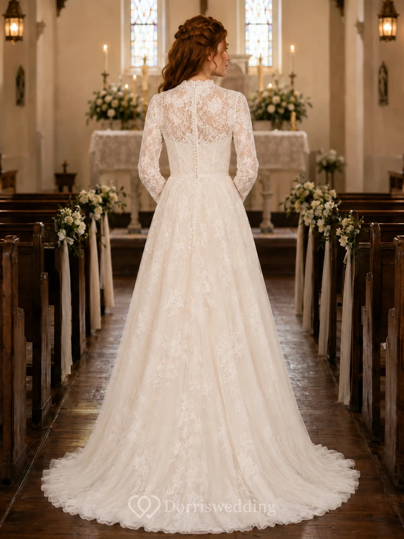 Robe de mariée modeste à col montant en dentelle et manches longues, style chapelle view 2