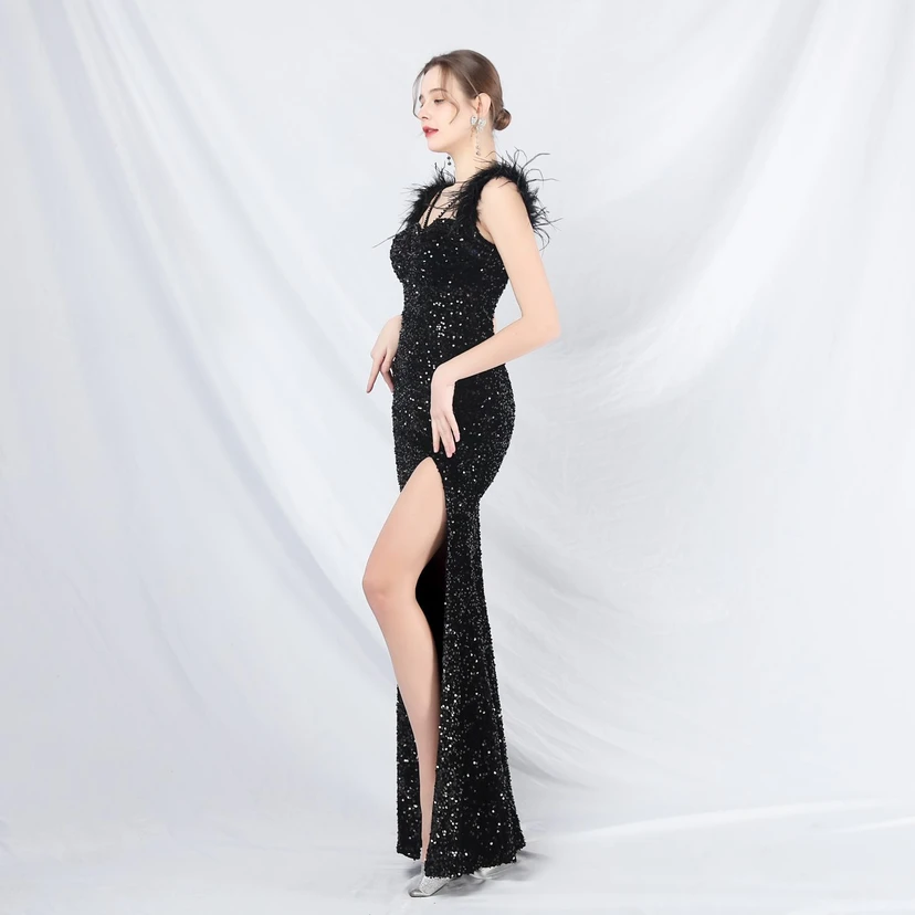 Craft Beaded Ostrich Feather Plush Sequined Long Evening Dress view 57