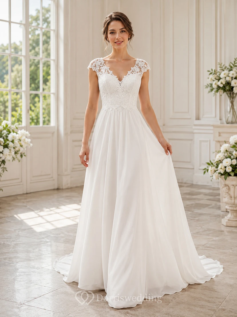 Budget V Neck Lace Chiffon Wedding A Line Cap Sleeve Court Train
