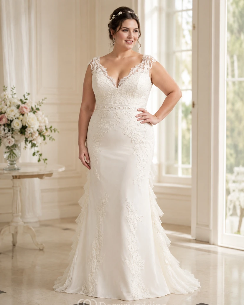 Wunderschönes, gestuftes, plissiertes Spitzenkleid mit V-Ausschnitt und kurzen Ärmeln für die Mutter der Braut. view 4