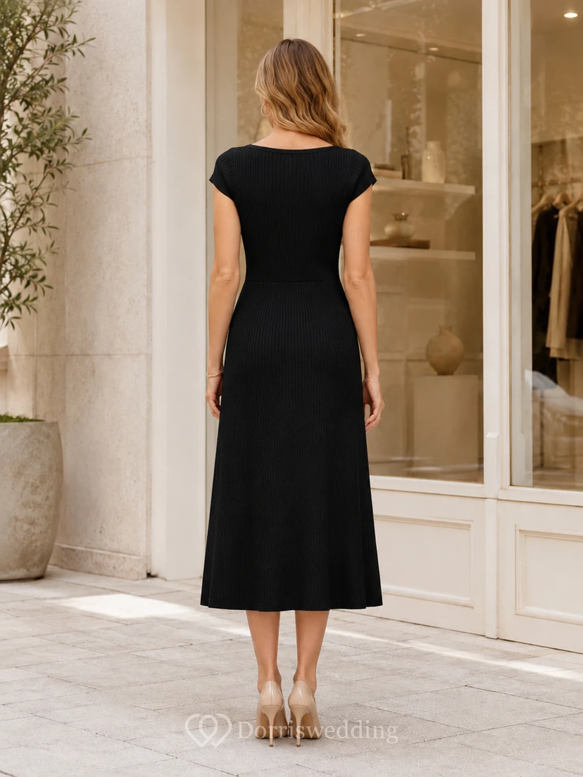 Black Square Neck Short Sleeve Knit Shopping Midi Dress view 2