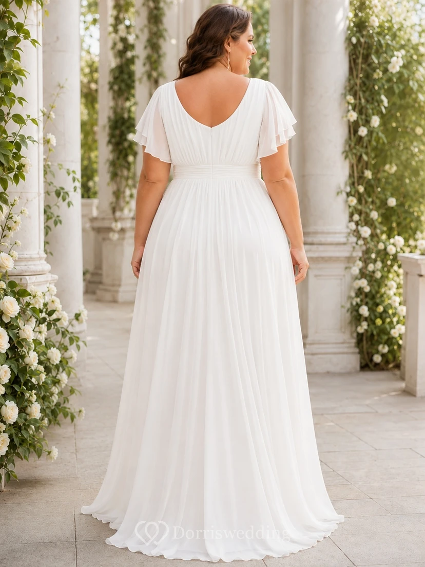 Modest Plus Size Short Sleeve Chiffon V Neck A Line Bridal Wedding Dress view 2