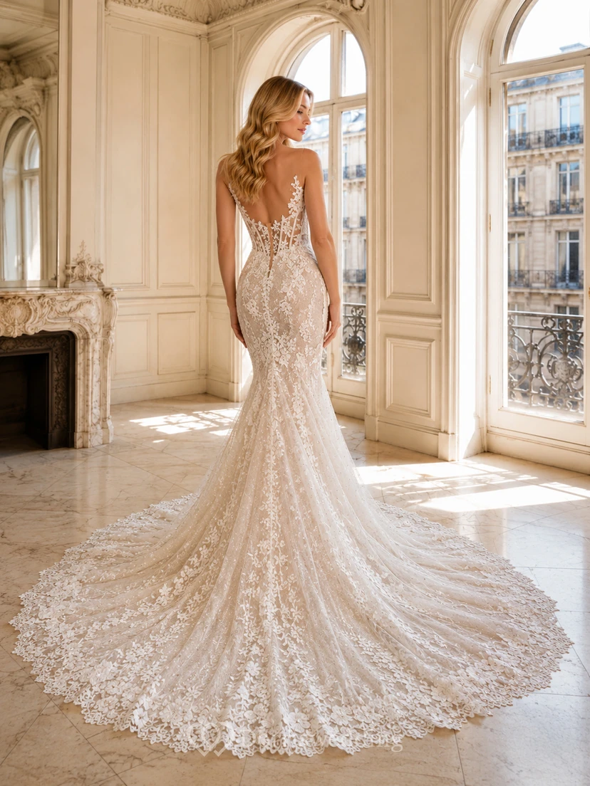 Robe de mariée sirène sans manches en dentelle royale, décolleté en V profond et traîne cathédrale, ornée d'appliqués floraux, idéale pour la réception. view 2