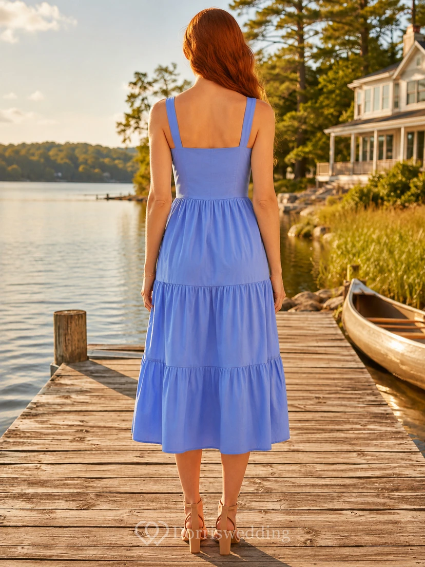 Sky blue tiered strap lake house party midi dress view 2