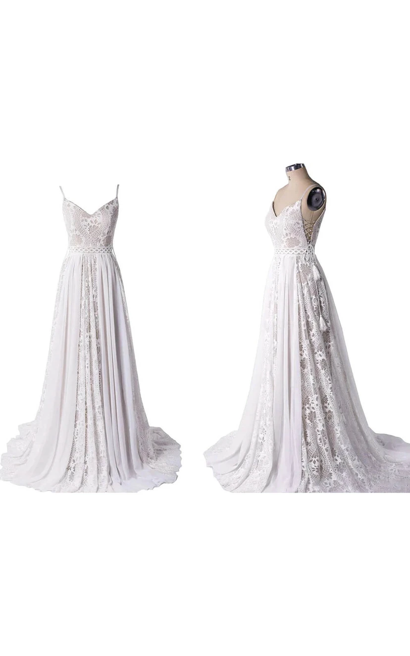 Lässiges, ärmelloses Chiffon-Hochzeitskleid im Landhausstil mit Spaghettiträgern, Empire-Stil view 4