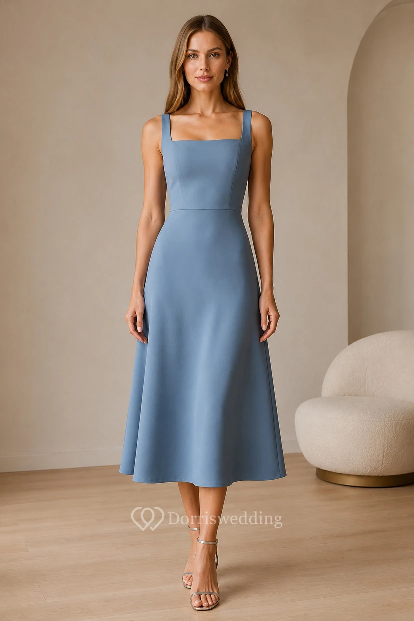 Steel Blue Square Neck Satin Tea-Length A-Line Guest Dress with Wide Straps