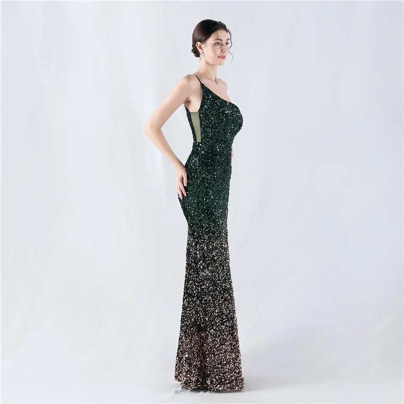 Sexy Abendkleid mit Samtsaum, Farbverlauf, Pailletten, hohem Schlitz und schräger Schulterpartie view 54