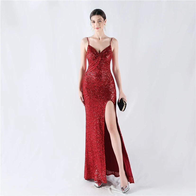 Robe de soirée sexy à sequins et fente haute, avec bretelles et encoche cryptée view 50