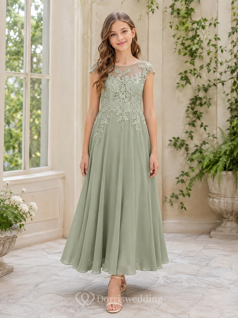 Celadonfarbenes Brautjungfernkleid für junge Mädchen, A-Linie, Teelänge, hoher Kragen, kurze Ärmel, Illusionsspitze, romantisch