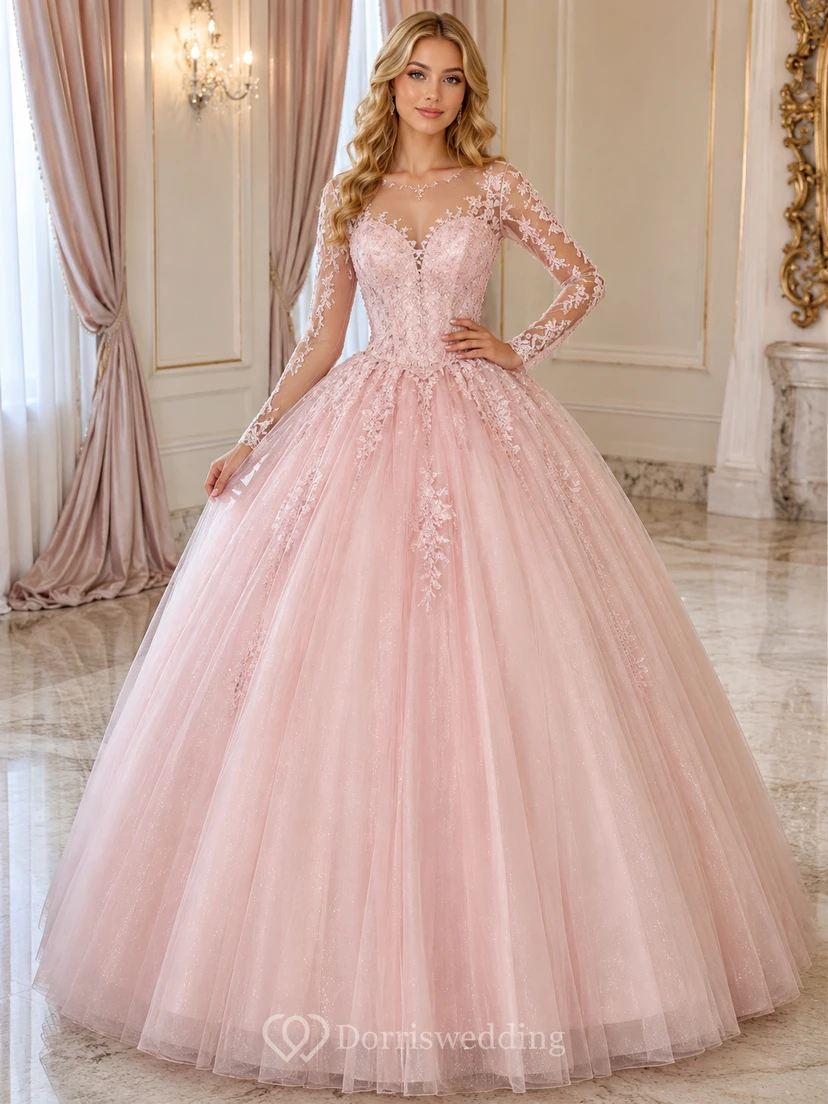Robe de bal de princesse rose poudré, luxueuse, à manches longues, en dentelle illusion et perles, pour les 16 ans.