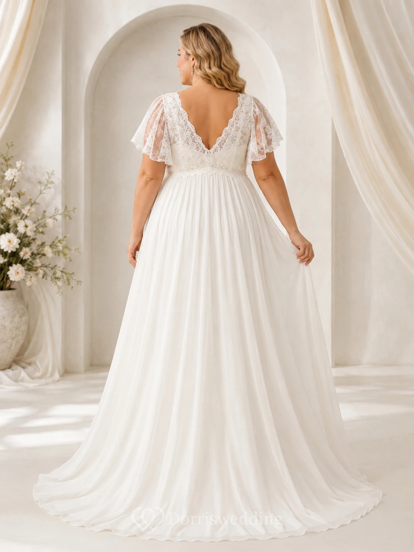 Plus Size Empire V-Neck Flutter Sleeve Wedding Dress view 2