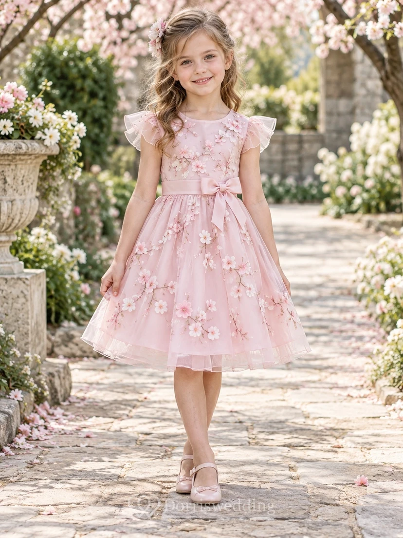 Tea-length Pearl Pink Flutter Sleeve Floral Applique Tulle Bow Flower Girl Dress