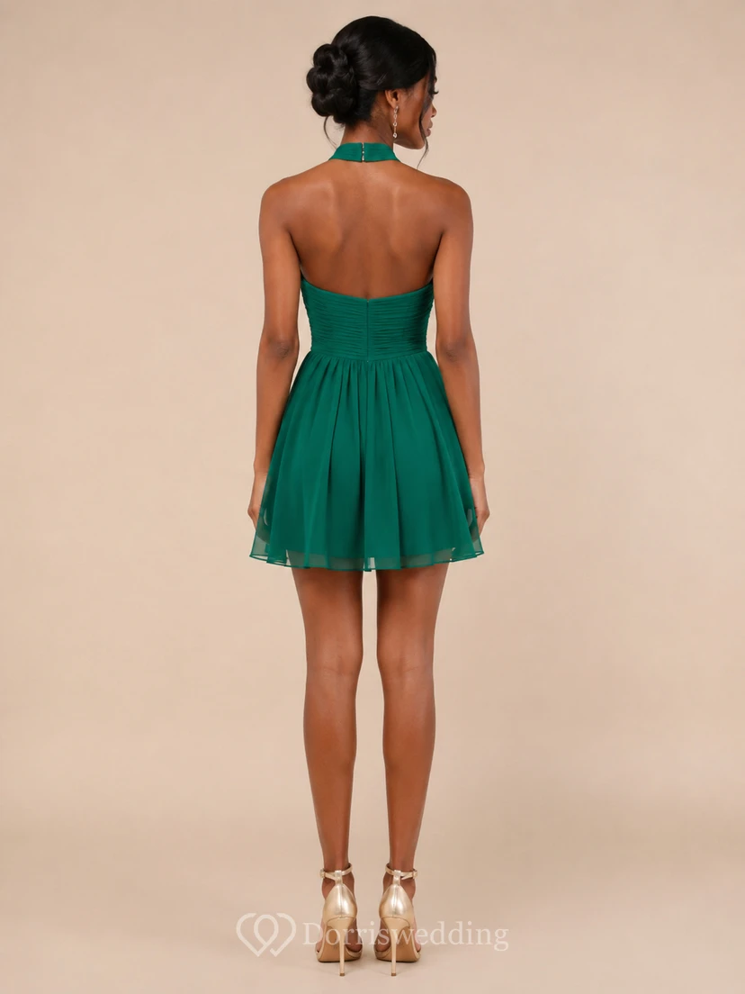 Robe de bal courte trapèze en mousseline à col halter et plis view 2