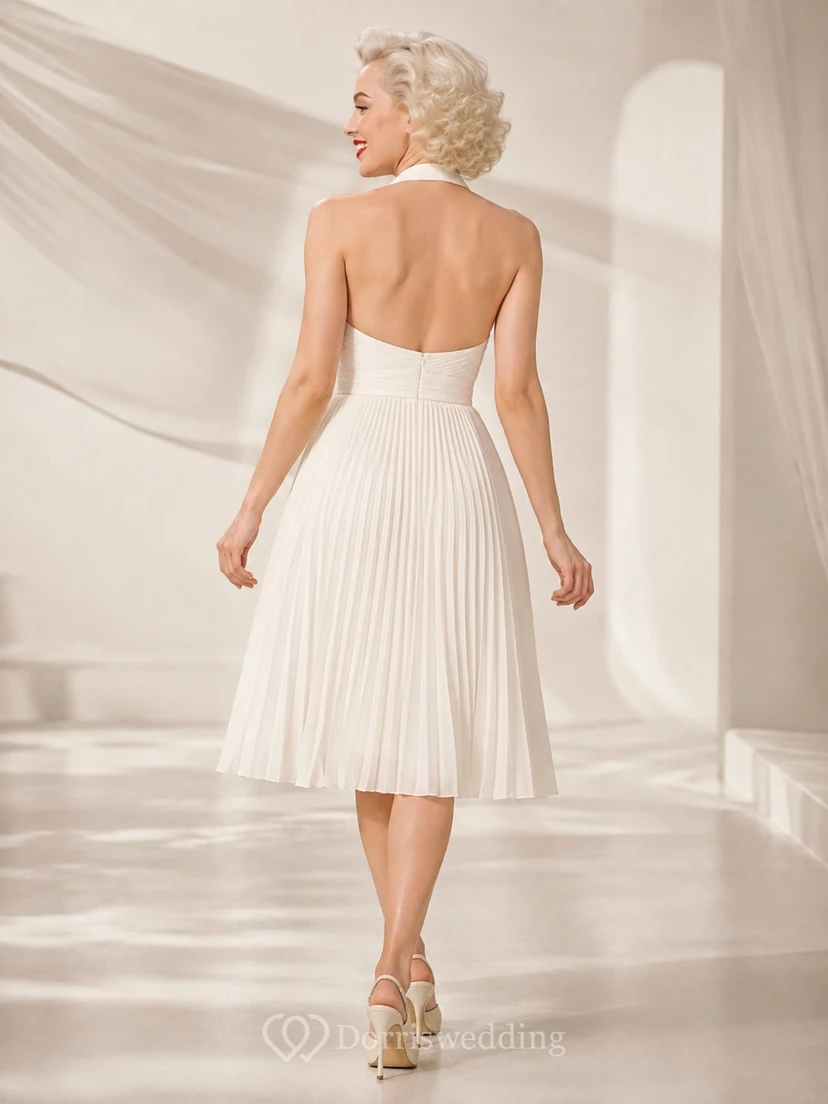 Robe de cocktail vintage ivoire plissée, longueur thé, dos nu et coupe trapèze view 2