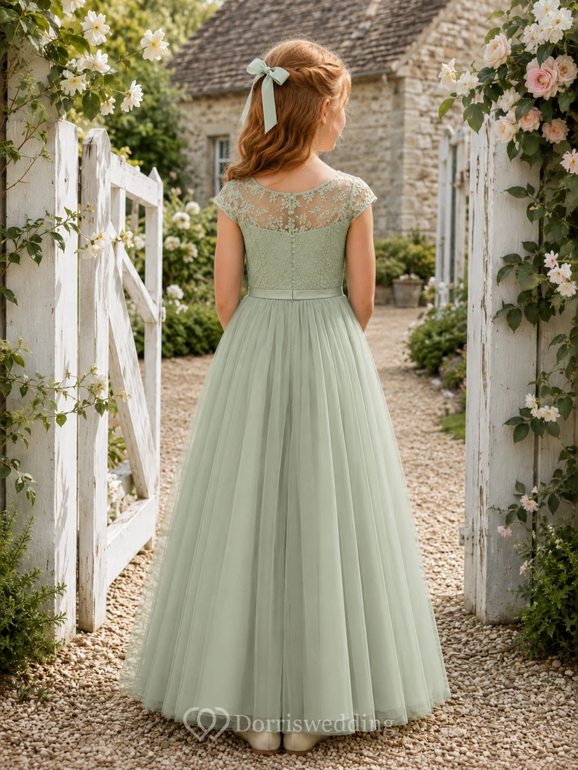 Salbeigrünes Chiffon-Blumenmädchenkleid in A-Linie, ärmellos, eckiger Ausschnitt, Teelänge, plissiert view 2