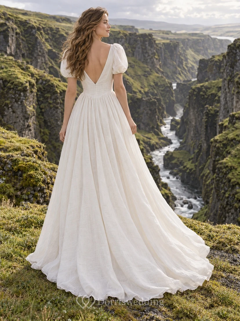 Vestido de novia sencillo de corte A, con mangas cortas abullonadas, escote en V, confeccionado en lino y falda fruncida. view 2