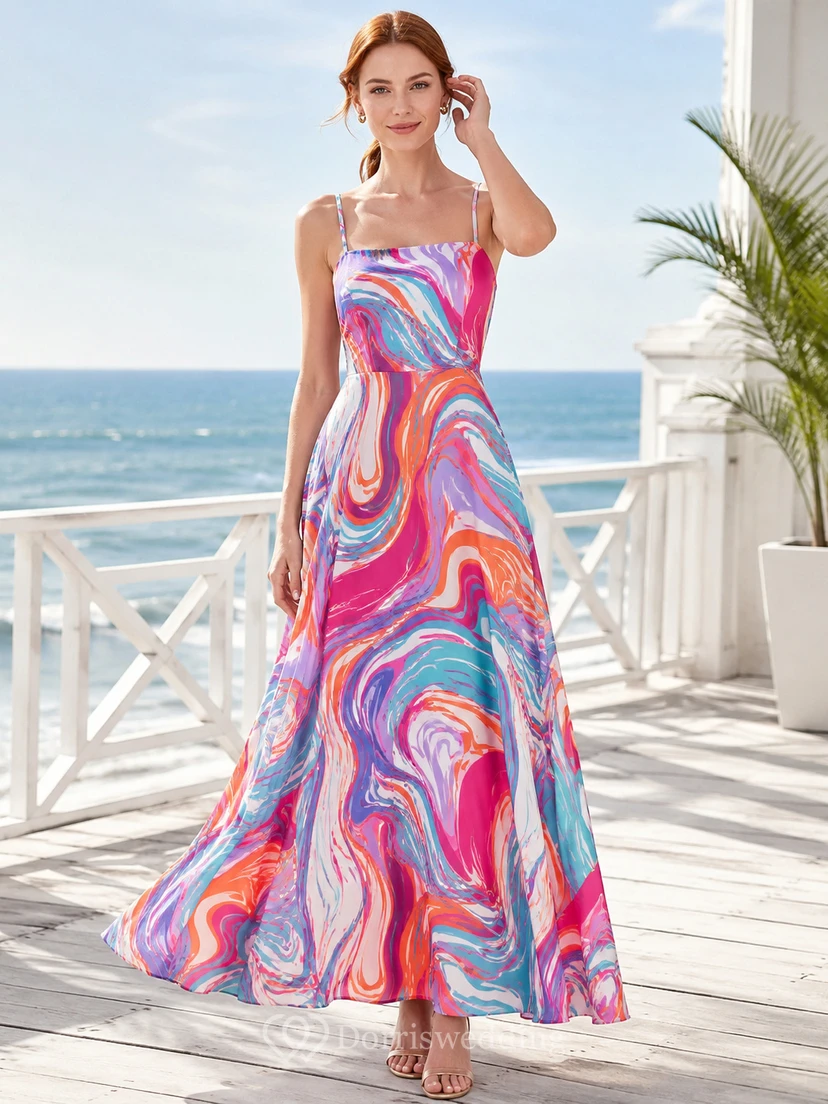Vestido de noche largo sin tirantes de gasa con corte en A y estampado de remolinos oceánicos