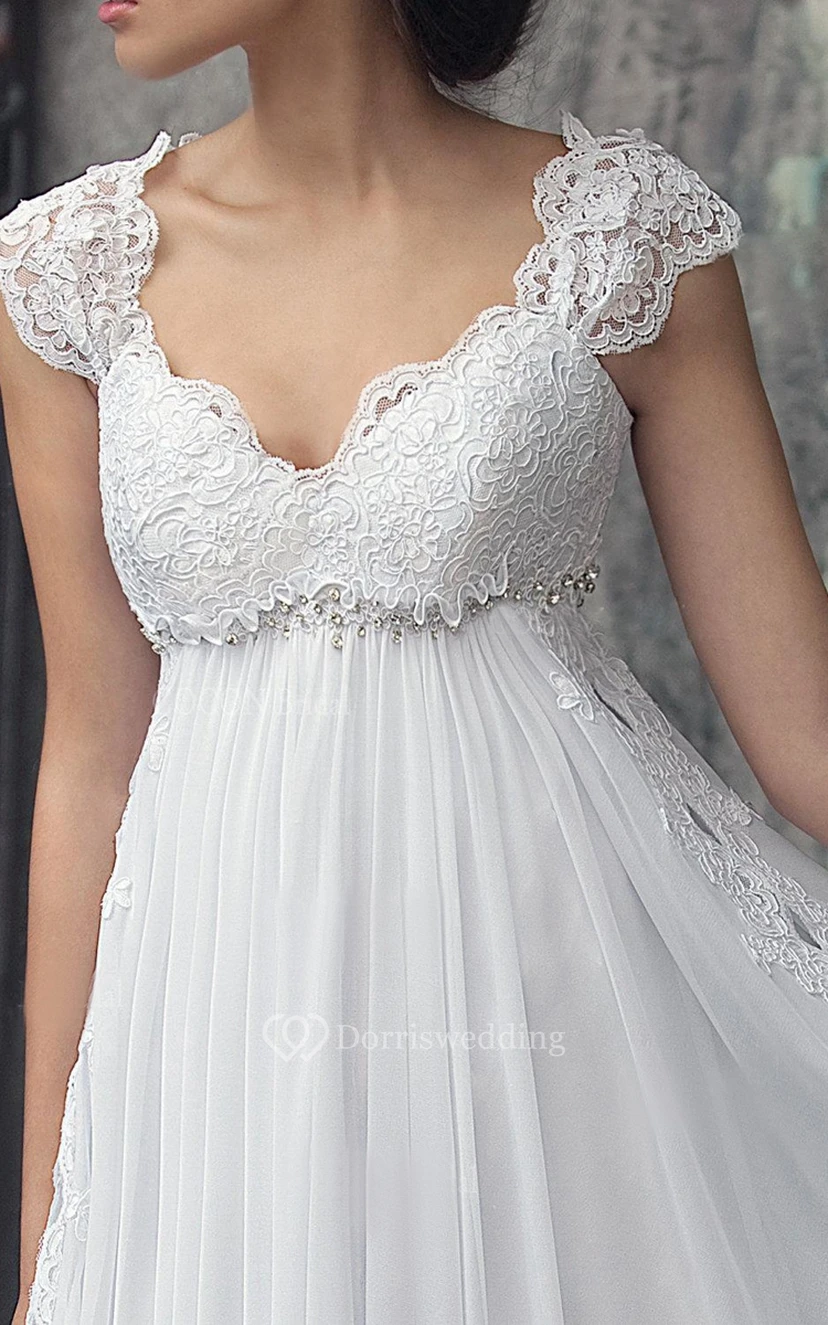Empire Cap-Sleeve Chiffon Dress With Pleats And Appliques view 3