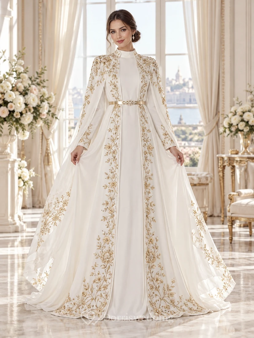 Modest Long Sleeve High Neck Gold Embroidered Abaya Wedding Dress