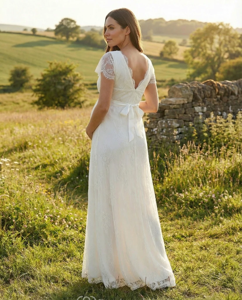 Umstandsbrautkleid mit Spitzenärmeln, V-Ausschnitt und bodenlangem Rock view 2