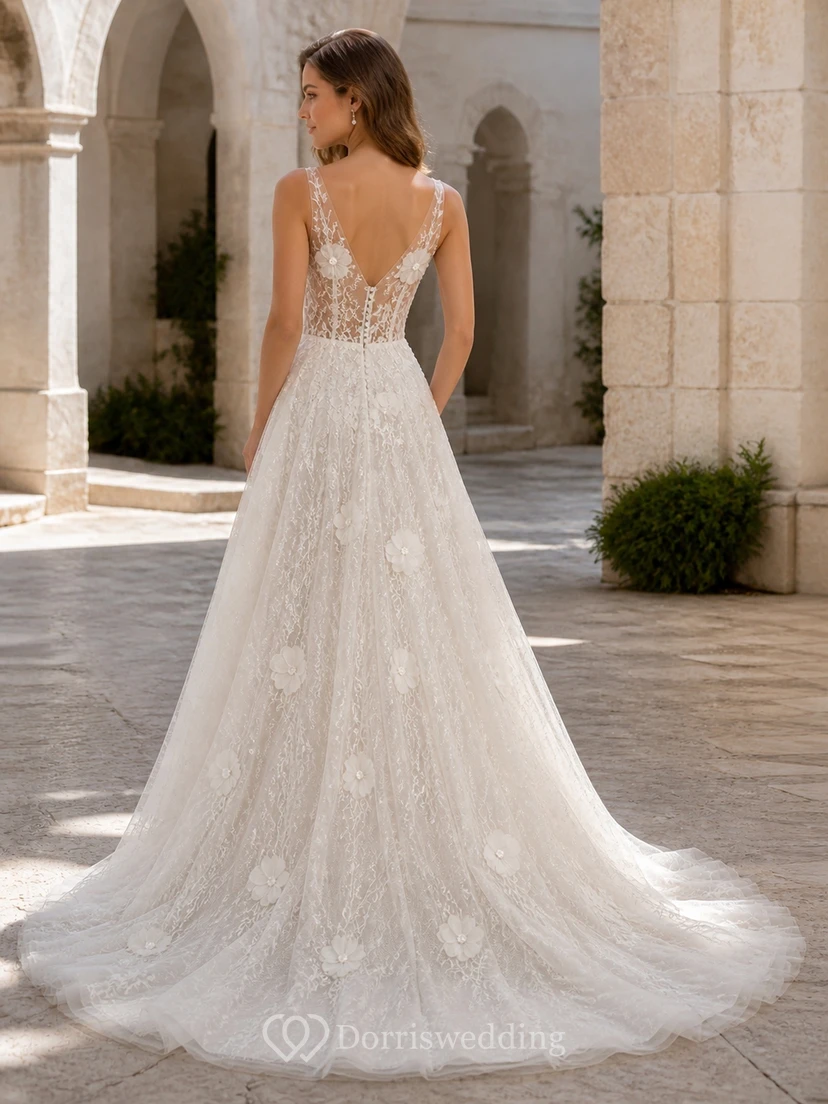 Vestido de novia bohemio de corte A con escote en V pronunciado y encaje floral para capilla view 2
