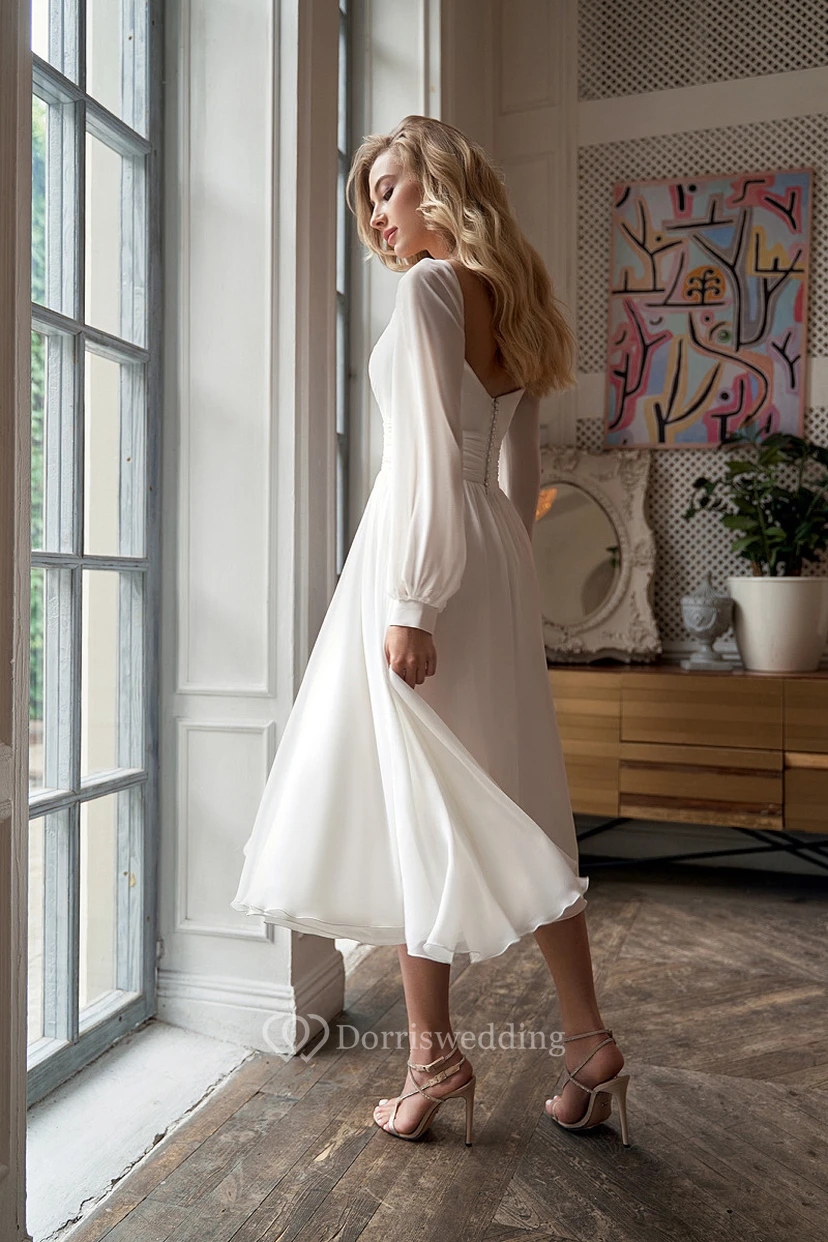 Kurzes, fließendes Chiffon-Hochzeitskleid mit Illusionseffekt, langen Ärmeln und vorderem Schlitz, langem Ärmel view 5