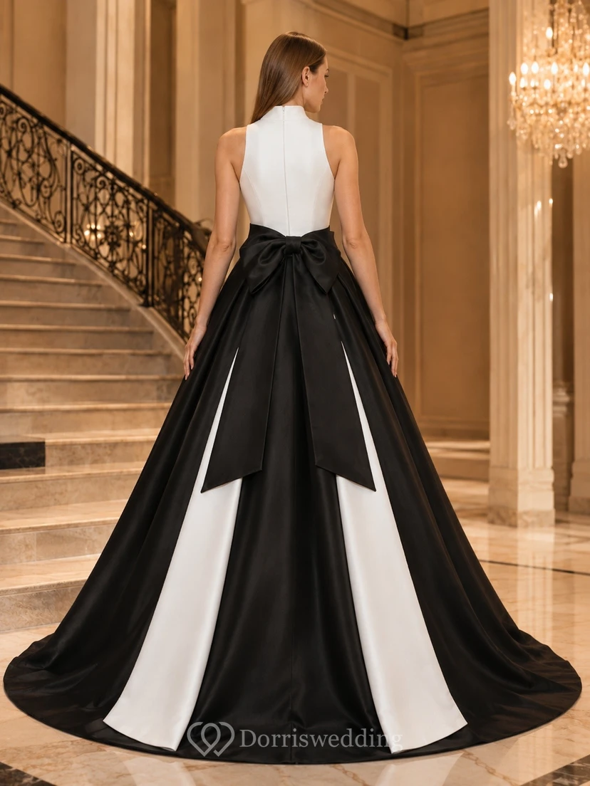 Modern Sleeveless Floor-length Satin Black White Panel Ball Gown Dress view 2