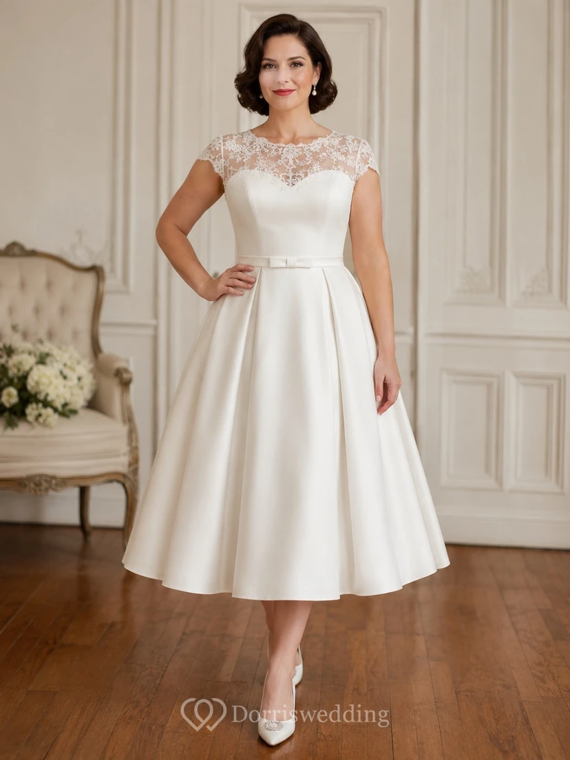 Vintage Teelänge, U-Boot-Ausschnitt, kurze Ärmel, Spitze, Satin, A-Linie, schlichtes Brautkleid
