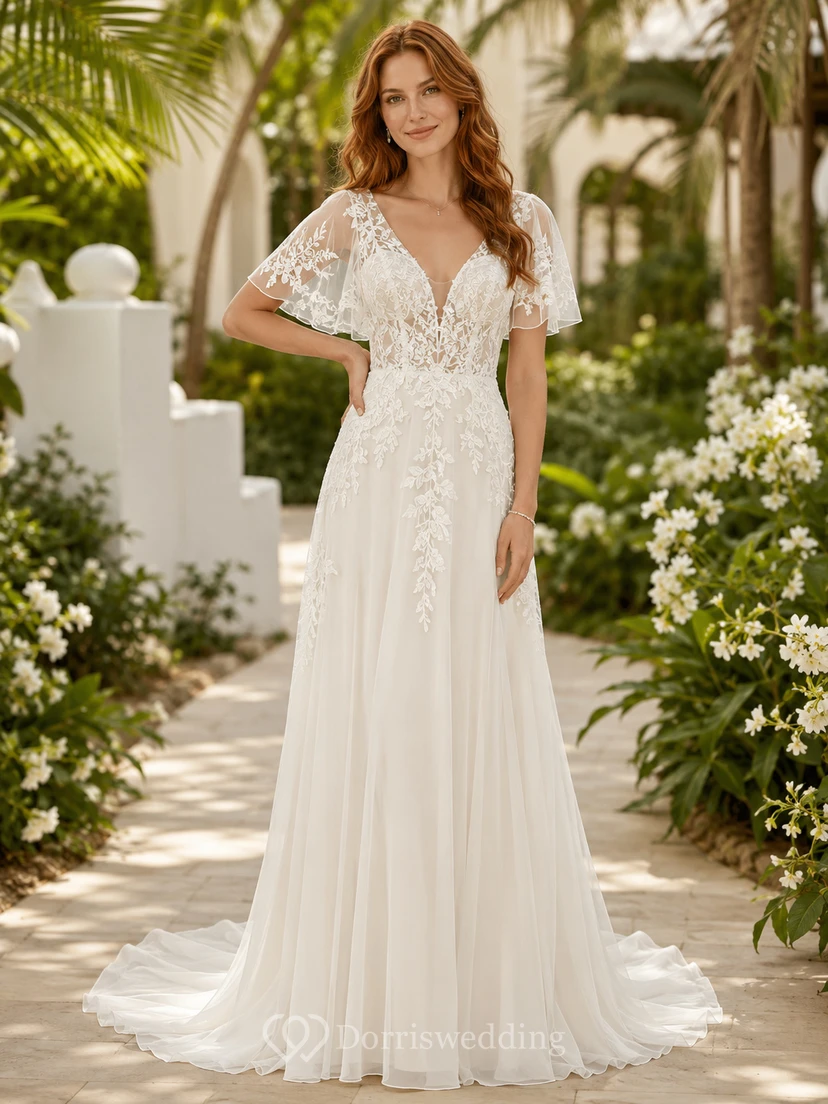 Vestido de novia de encaje playero, corte A, escote corazón, mangas con volantes, cola larga, espalda baja en V.