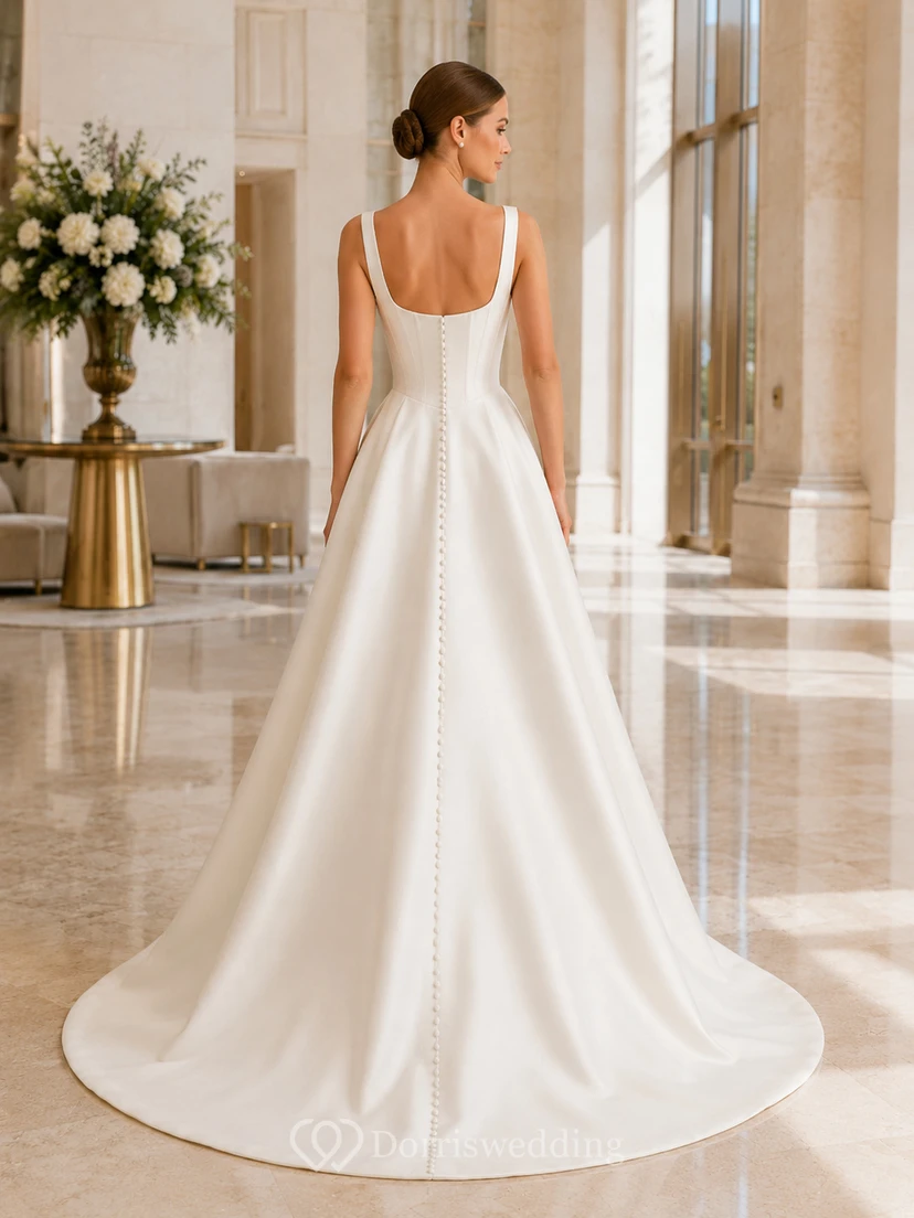 Minimalist Satin Wedding Dress A-Line Square Neck Sleeveless Sweep Train Bridal Gown view 2