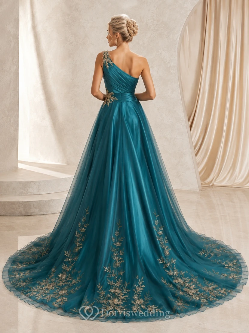 Goldbesticktes, dunkelgrünes Ballkleid aus Satin mit Puffärmeln und Puffärmeln – Luxus-Hochzeitskleid