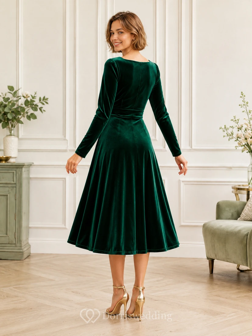 Dark Green Square Neck Long Sleeve Velvet Tea Dress Reception view 2