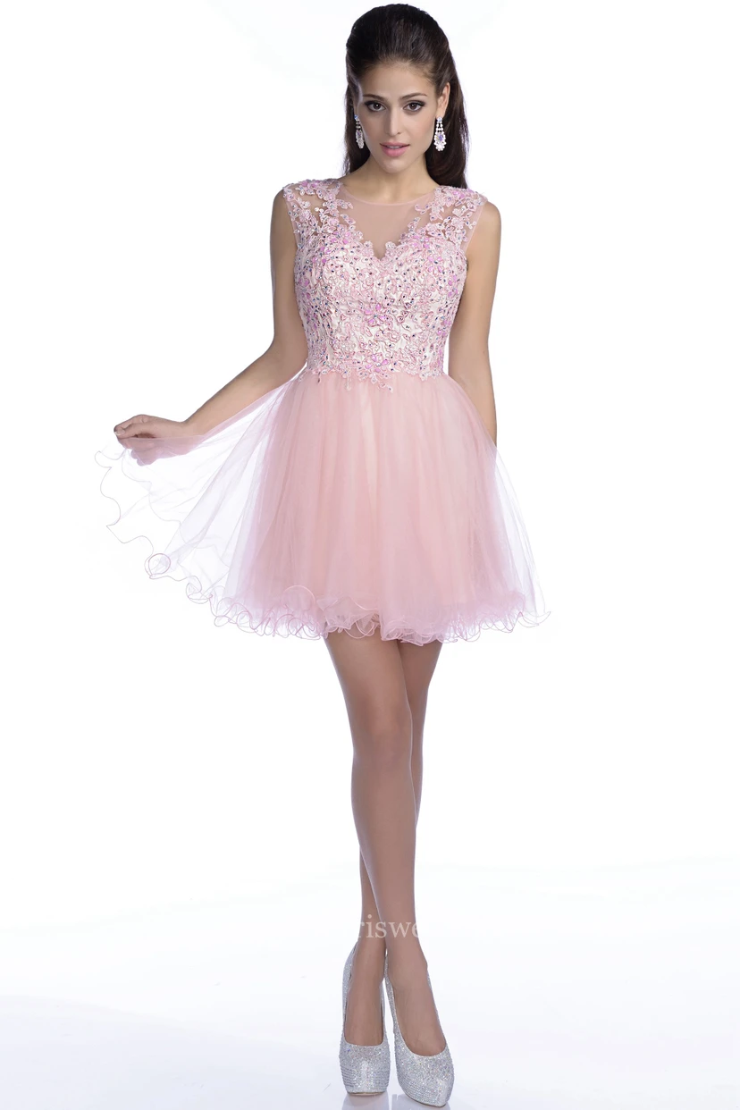 Robe de bal courte sans manches en tulle trapèze avec corsage en dentelle à sequins