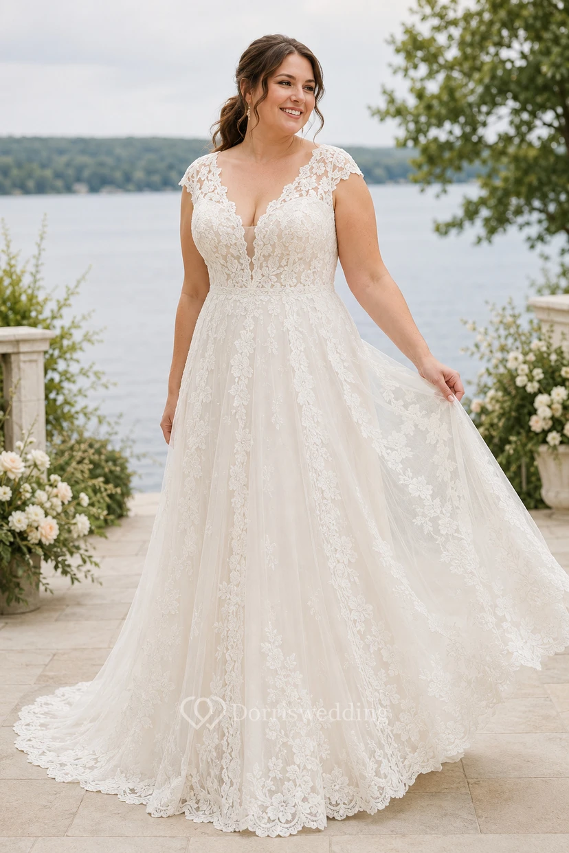 Plus Size V-Neck Lace A-Line Wedding Dress with Straps and Chapel Train