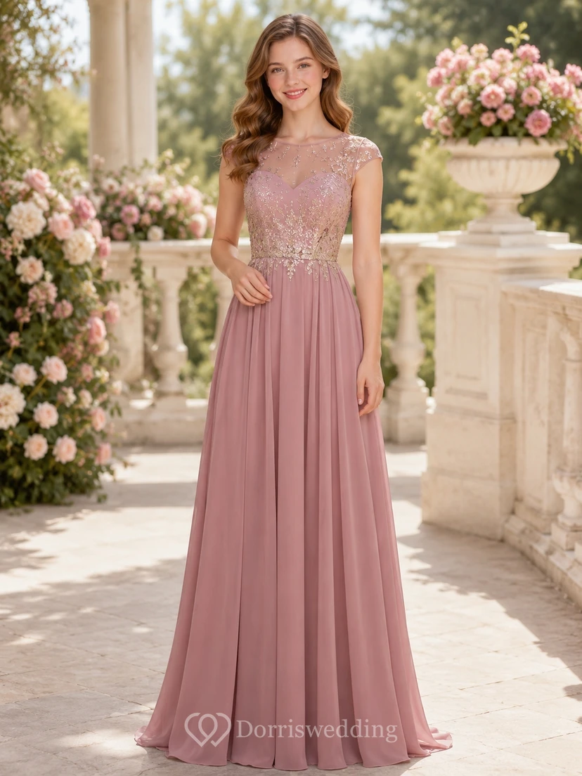 Vestido de dama de honor juvenil color rosa empolvado, corte en A, manga corta tipo casquillo, bordado.