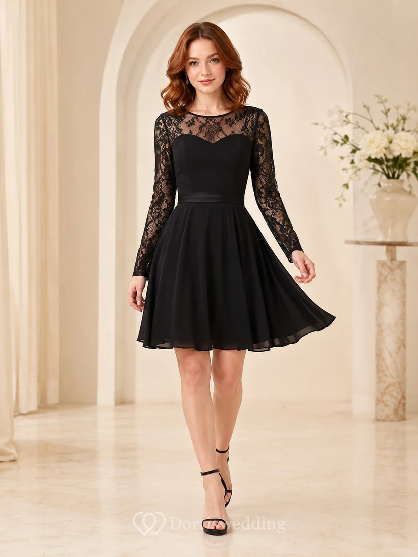 Robe de cocktail trapèze à manches longues en dentelle noire
