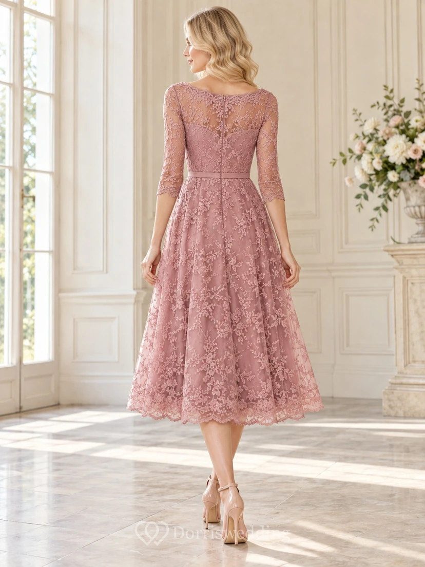 Tea-length Dusty Rose Bateau Three-Quarter Lace Wedding Guest Dress view 2