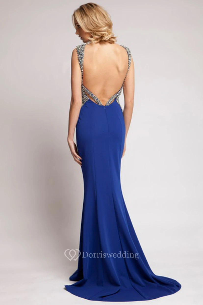 Mermaid Sleeveless Beaded V-Neck Floor-Length Jersey Prom Dress With Backless Style And Sweep Train view 2