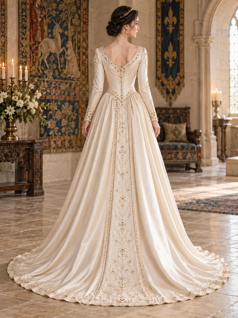Vintage Medieval Long Sleeve V-neck Panelled Satin A-line Wedding Dress view 2