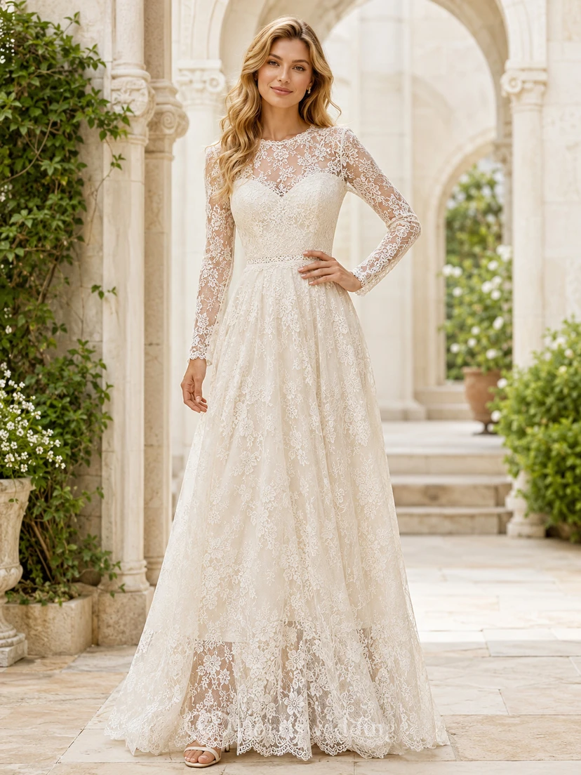 Robe de mariée romantique à manches longues en dentelle, coupe trapèze, effet bateau, style modeste