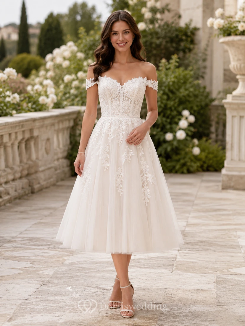 Vintage Lace Tulle Wedding Dress A-Line Off Shoulder Tea Length Bridal Gown