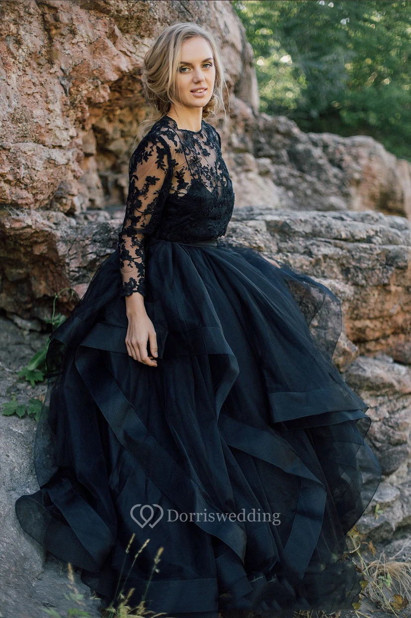 A-Line Black Tea Length Wedding Dress Scoop Long Sleeve Button Illusion Back With Appliques Lace Pleats Sash/Ribbon view 4