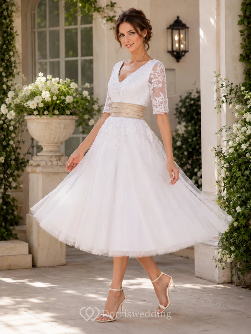 Robe mi-longue à manches courtes et col en V avec superposition de tulle view 5
