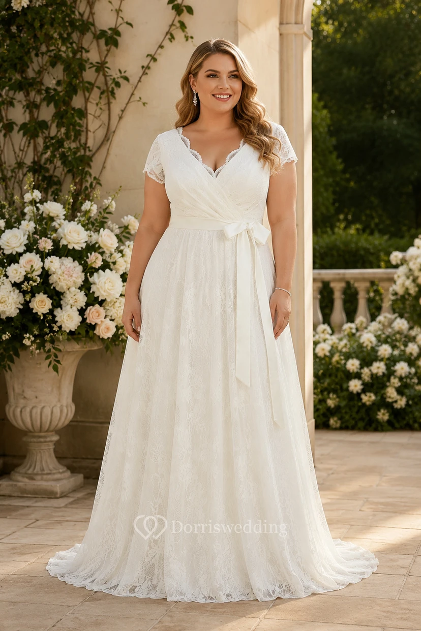 Robe de mariée en dentelle, coupe trapèze, décolleté en V festonné, manches courtes illusion, longueur au sol view 5