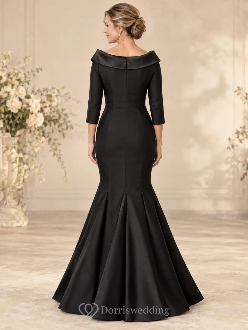 Vestido de noche formal negro estilo sirena, con escote Bardot, cuello tipo retrato curvo, mangas tres cuartos y largo hasta el suelo. view 2
