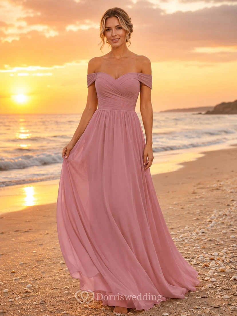Dusty Rose Sunset Beach A-Line Chiffon Bridesmaid Dress with Off-Shoulder Sweetheart Short Sleeve Bodice, Pleated Floor-Length Skirt and Zipper Back